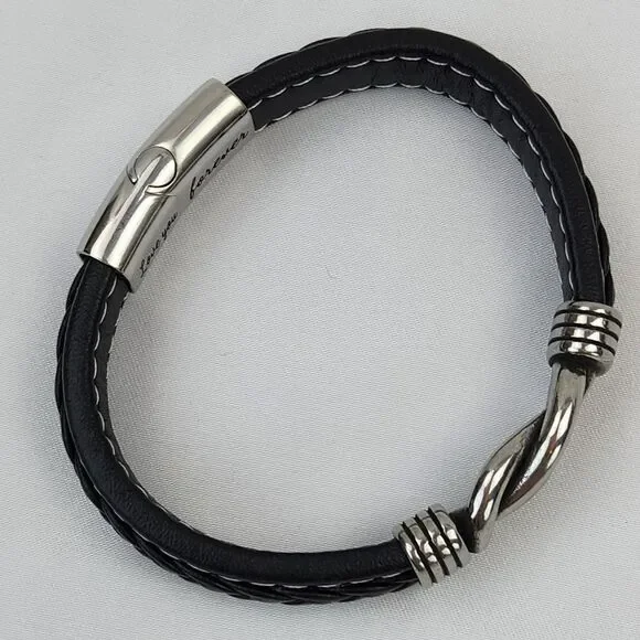 🔸️NIB Black "To My Man" Braided Leather Infinity Knot Cuff Bracelet 7.8" - Picture 11 of 11
